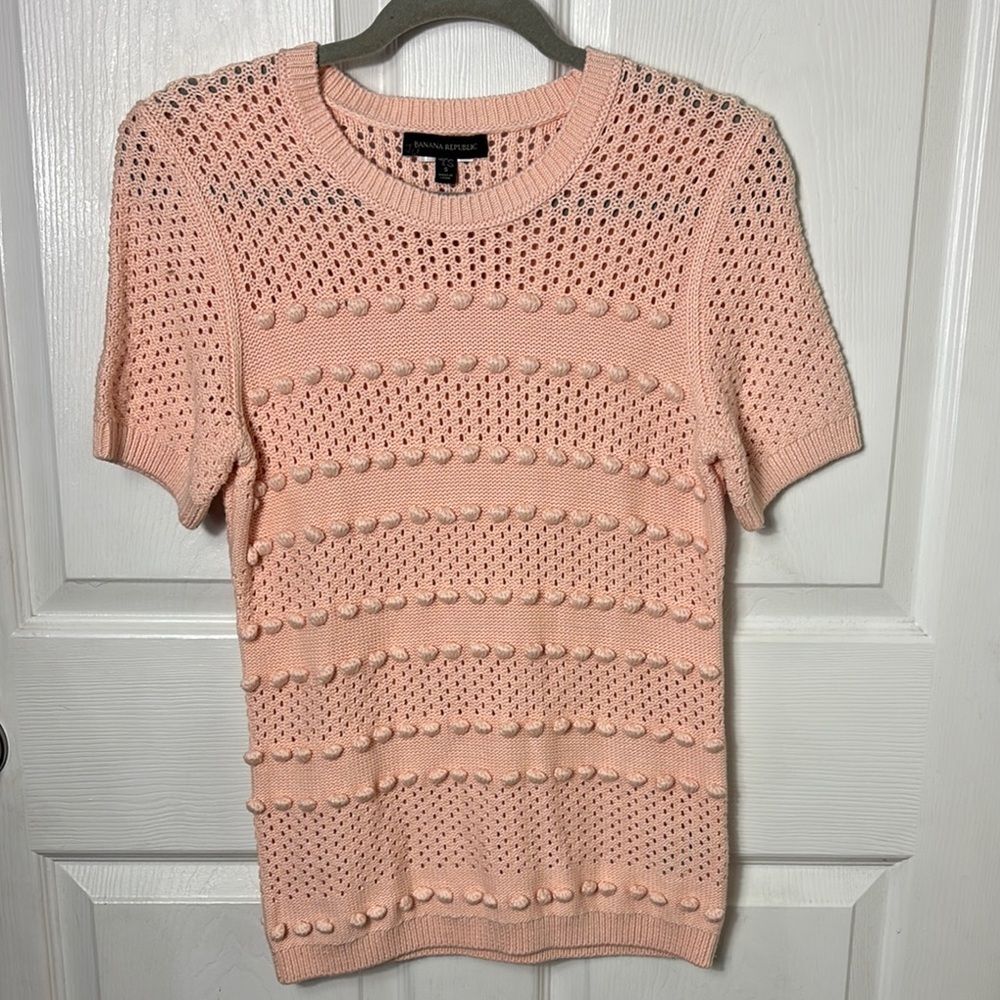 Banana Republic  Pom-Pom PeachOpen Knit Top Pink Blush Short Sleeve Sweater Sz S
